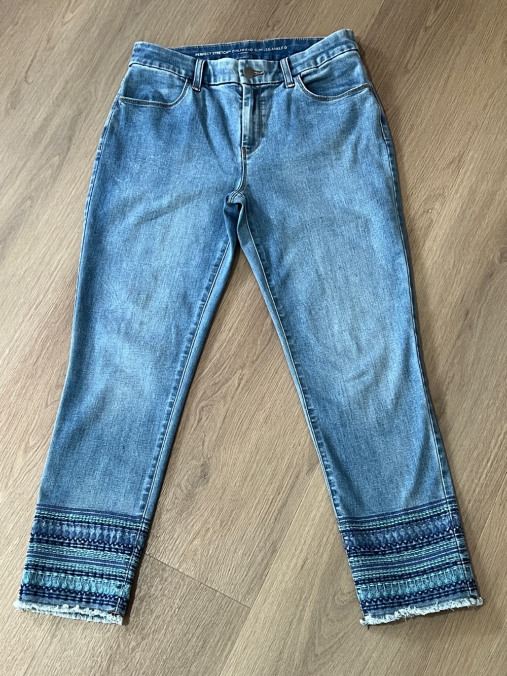 Chico's Light Blue Embroidered Hem Cropped Jeans